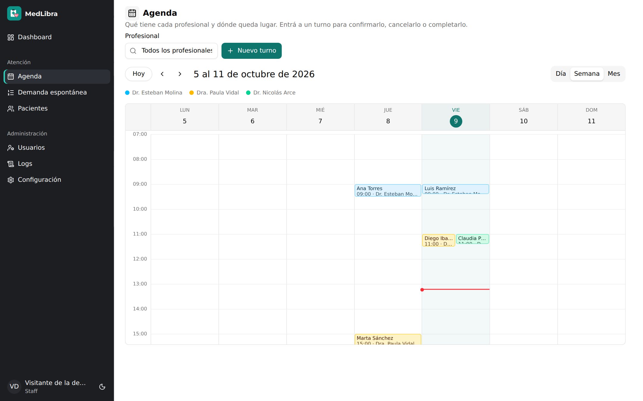 Agenda semanal de MedLibra: turnos de los pacientes por día y hora, con un color por profesional